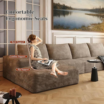 135.4'' Oversized Cloud Sofa Sectional Couch, Boneless Couch with L-Shape Chaise, Upholstered Compression Modular Sectional Sofa for Living Room, No Assembly Required (Camel, Left Facing Chaise)