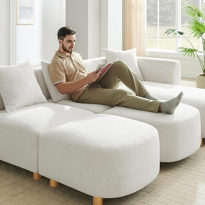 VANOMi 109.84" Modular Sectional Sofa with 3 Pillows, Convertible 5-Seater Comfy Boucle Cloud Couch with Ottoman, Modern Sectional Sofas for Living Room, Office, Apartment (White)