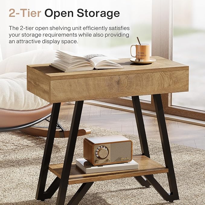 Tribesigns End Side Table for Living Room, Narrow Couch Arm Side Table with Storage Shelves, Small Bedside Nightstand for Bedroom, Small Spaces, Natural