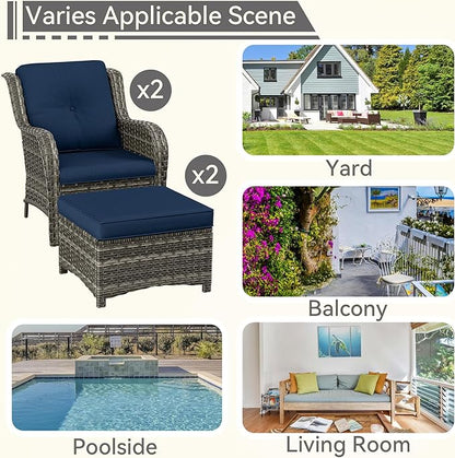 4 Pieces Patio Conversation Set, Wicker Chairs Set of 2 and Two Ottomans with 3.5-inch Seat Cushions, High Back and Curved Armrest for Backyard, Balcony and Deck, Blue