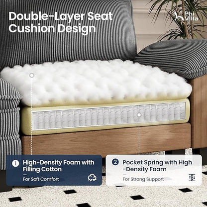 PHI VILLA Cloud Modular Couches Sets, 87.5" Sectional Loveseat Sofa with Upholstered Deep Seat, 2-Seater Comfy Couches for Living Room Bedroom, Corduroy Fabric, Grey