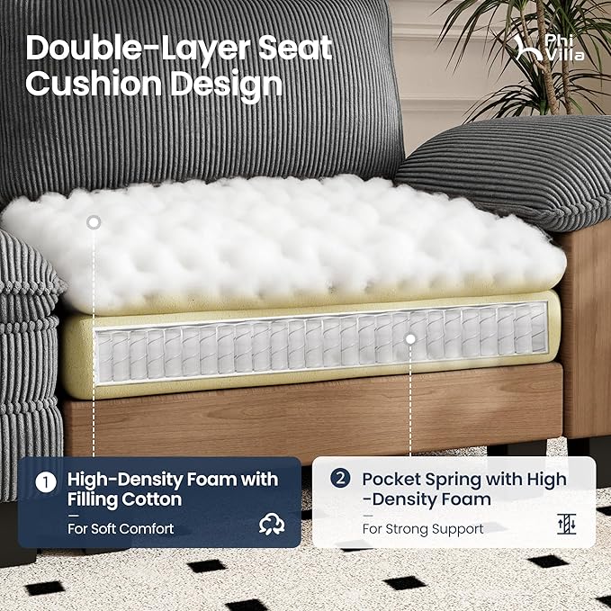 PHI VILLA Cloud Modular Couch Sets, 157.5" Large Sectional Sofa with U-Shaped Chaise, 6-Seater Couches with Movable Ottomans for Living Room, Corduroy Fabric, Grey