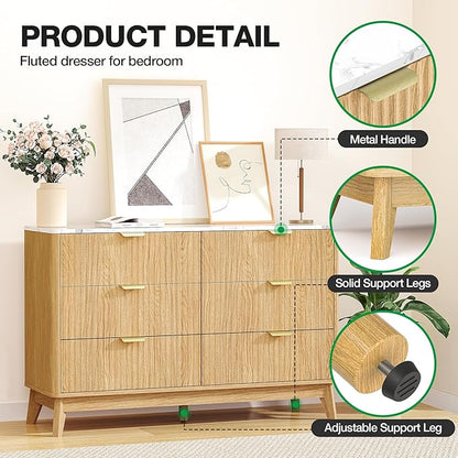 Fluted 6 Drawer Dresser, 47" Wide Chest of Drawers with Faux Marble Top, Modern Dresser TV Stand, Wood Closet Clothes Storage Organizer with Curved Edges for Bedroom, Living Room, Natural