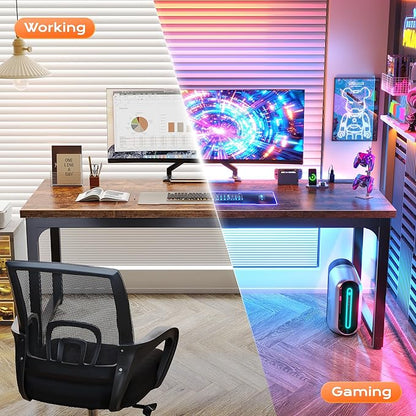 Huuger 63 x 24 inch Desk with Power Outlets & USB-C, Deeper & Thicker Desktop, Robust Metal Tubes, Computer Desk, Heavy Duty Office Desk, Work Gaming Desk, for Home Office, Rustic Brown