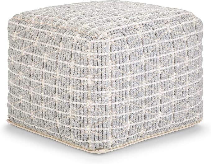 SIMPLIHOME Noreen Boho Square Pouf in Light Blue, White Handloom Woven Pattern for the Living Room, Bedroom and Kids Room