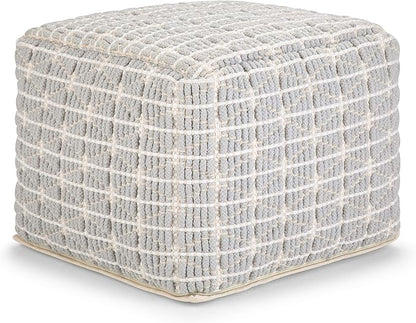 SIMPLIHOME Noreen Boho Square Pouf in Light Blue, White Handloom Woven Pattern for the Living Room, Bedroom and Kids Room