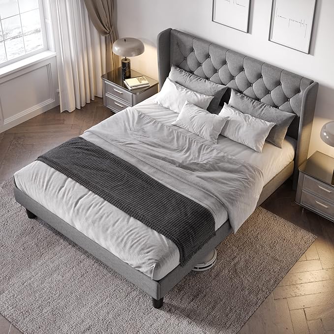 Allewie Queen Size Bed Frame with Button Tufted Wingback Headboard, Modern Upholstered Bed Frame with Solid Wooden Slats Support - No Box Spring Needed, Easy Assembly, Light Grey