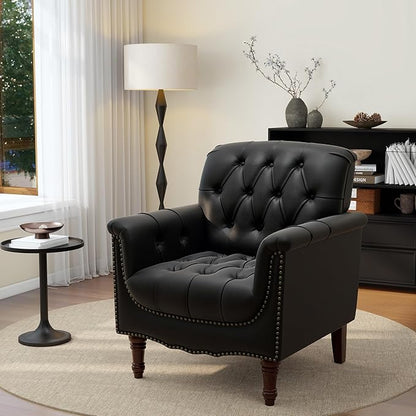 UIXE Faux Leather Accent Chairs Set of 2, Comfy Club Chair Upholstered Armchair for Living Room, Button Tufted Arm Chair Retro Single Sofa Side Reding Seat for Bedroom - Black