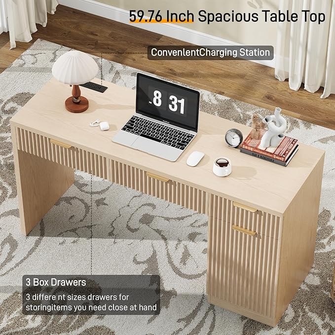 60" Executive Desk with Fluted Drawers, Wood Home Office Desk with Storage Cabinet, Charging Station, Fluted Computer Writing Desk for Study, Living Room.