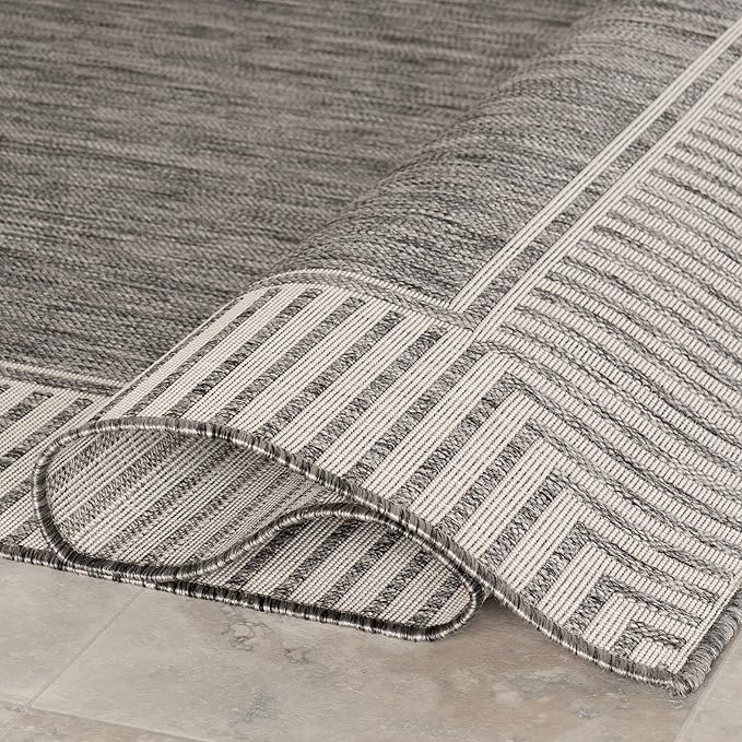 nuLOOM 6' 7" x 9' Outdoor Area Rug, Casual Design with Striped Border, Stain Resistant, Highly Durable, for Patio, Balcony, Bedroom, Living Room, Dining Room, Bathroom, Steel