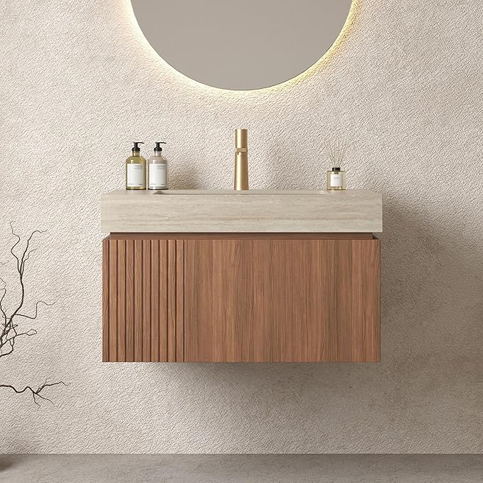 Bathroom Vanity with Sink 30 Inch, Floating Bathroom Vanity Sink Cabinet with Drawer and Door, Undermount Sink & Travertine-Pattern Sintered Stone Top, Pre-Assembled, Espresso