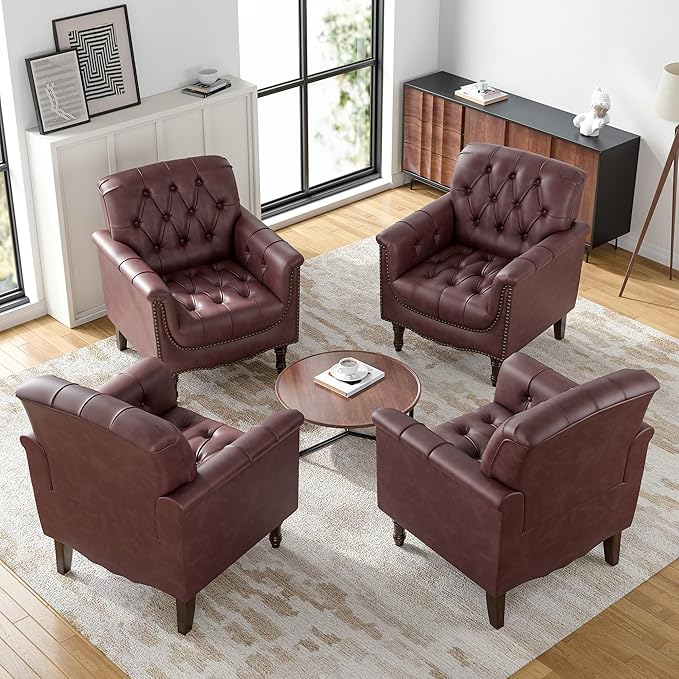 Faux Leather Accent Chairs Set of 4, Upholstered Armchairs with Nailhead Trims & Wood Legs for Living Room, Bedroom, Contemporary Comfy Club Chairs for Office-Dark Red