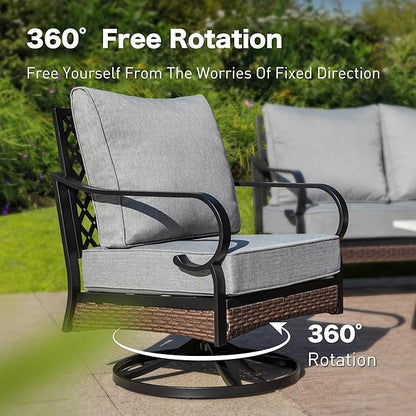 6 Piece Metal Outdoor Patio Furniture Set, Patio Conversation Set - 1 3-Seater Sofa and 2 Swivel Sofas with 5.75" Thick Cushions & Coffee Table - Black and Gray Backyard Furniture