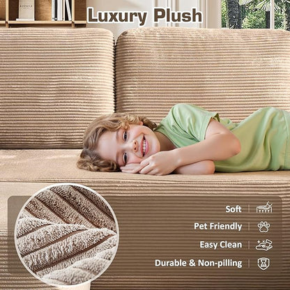 106" Cloud Sectional Couch with L-Shape Chaise & Ottoman, No Assembly Modular Sofa, Deep Seat Corduroy Boneless Couched for Living Room (Camel Stripe Corduroy, Right Facing Chaise with Ottoman)