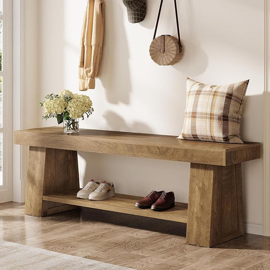 Tribesigns 63" Wooden Entryway Bench with Storage Shelf, Rustic Extra Long Bench, 2-Tier Hallway Bench for Living Room, Bedroom, Kitchen (Rustic Brown)