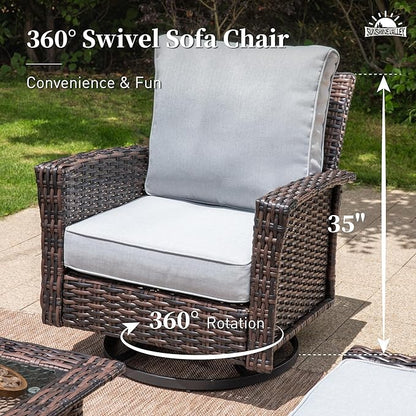5 Pieces Patio Furniture Set with Swivel Chairs, High Back Wicker Rattan Sofa with Extra Thick Cushion and Ottoman, Outdoor Conversation Set for Garden Backyard Deck, Grey