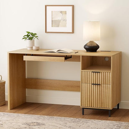 Fluted Executive Desk, 55" Modern Wood Home Office Desk with Charging Station, File Drawer, Open Storage, Computer Writing Desk for Work Study Writing, Natural Oak