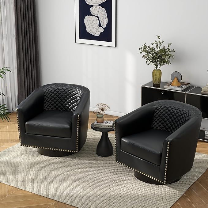 Pia Ricco Faux Leather Swivel Barrel Accent Chairs, 360° Swivel Round Single Sofa Chair, Comfy Upholstered Club Armchair with Nailhead Trim for Living Room/Reading Room/Bedroom, Black