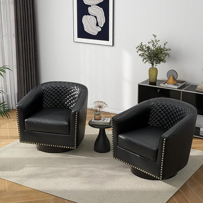 Pia Ricco Faux Leather Swivel Barrel Accent Chairs, 360° Swivel Round Single Sofa Chair, Comfy Upholstered Club Armchair with Nailhead Trim for Living Room/Reading Room/Bedroom, Black