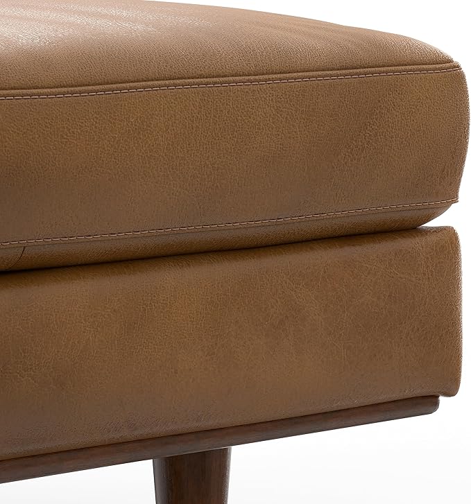 SIMPLIHOME Morrison Mid-Century Modern 72 inch Wide Sofa with Ottoman Set in Caramel Brown Genuine Leather for the Living Room and Family Room