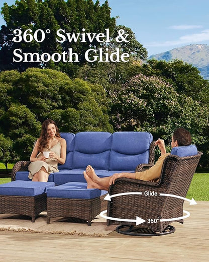 HILLGA Luxury Patio Furniture Set with 6-inch Thick Cushion, Outdoor Sectional Sofa and Coffee Table, 4PCS Wicker Conversation Set for Deck Yard and Poolside, Blue (V2)