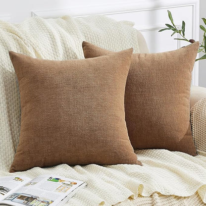 GAWAMAY Decorative Square Throw Pillow Covers 18"x18" Inch Set of 2, Super Soft Chenille Pillows Cover Fall Pillowcase for Living Room Bedroom Sofa Couch Cushion Cover Brown 45x45cm (No Inserts)