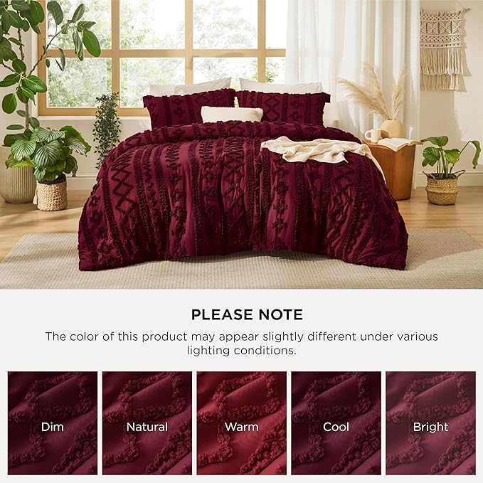 Bedsure Tufted Boho Comforter Set King Size - Dark Red Boho Bed Set, GentleSoft™ 3 Pieces Farmhouse Shabby Chic Embroidery Bedding, Gifts for Woman, Soft Jacquard King Comforter for All Seasons
