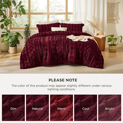 Bedsure Tufted Boho Comforter Set King Size - Dark Red Boho Bed Set, GentleSoft™ 3 Pieces Farmhouse Shabby Chic Embroidery Bedding, Gifts for Woman, Soft Jacquard King Comforter for All Seasons
