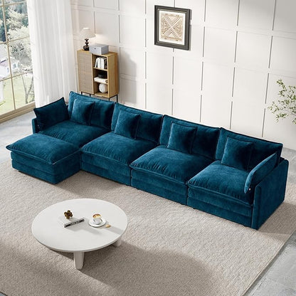 Modular Sectional Sofa, 146.5 Inch L-Shaped Cloud Sofa with Deep Seat Chenille Sofa with Cushions, Four Seater Sectional Sofa for Living Room Apartment,Blue