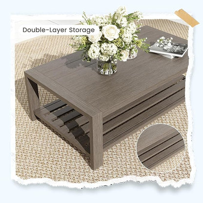 UDPATIO 6 Piece Aluminum Patio Furniture Set 7 Seats Modern Outdoor Furniture Faux Wood Grain Patio Conversation Sets with Olefin Fabric Thick Cushions, 600D Waterproof Cover Included, Light Grey