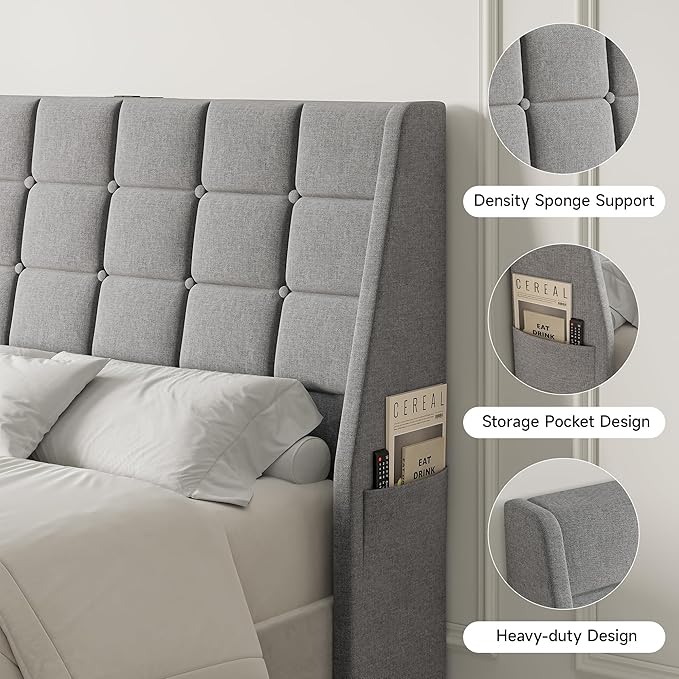 Queen Size Headboard with Charging Station, Ergonomic Upholstered Linen Headboards Only, Wingback Wood Bed Head Board with Storage Pocket, Bed Frame Adapters, Light Grey
