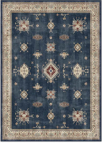 RUGGABLE Washable Vintage Area Rug – Verena Sapphire 10x14, Stain-Resistant, Non-Slip – Large Machine Washable Rugs for Living Room, Bedroom, Hallway, Entryway & Office–with Cushioned Pad