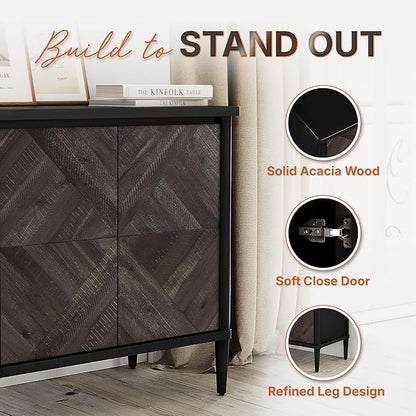 Lenia Solid Wood Storage Cabinet with Diamond Pattern Doors, Rustic Farmhouse Accent Cabinet for Living Room, or Entryway, Durable Acacia Wood, Mocha Black