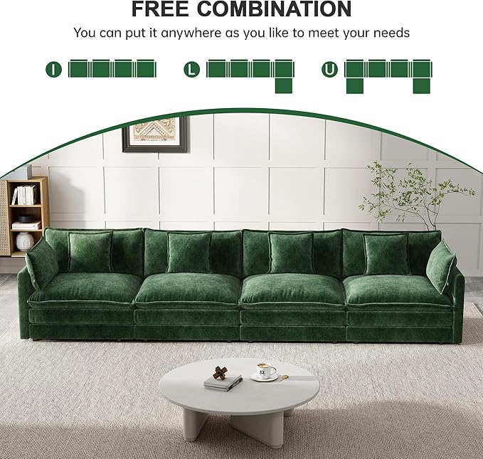 Modular Sectional Sofa, 146.5 Inch I-Shaped Cloud Sofa with Deep Seat Chenille Sofa with Cushions, Four Seater Sectional Sofa for Living Room Apartment,Evergreen