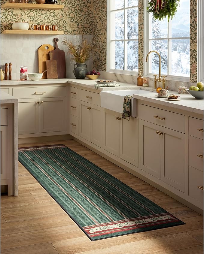 RUGGABLE x Morris & Co Machine Washable Christmas Runner Rug – Fruit Stripe Spruce Green 2.5x7, Stain-Resistant, Non-Slip –Washable Rug for Hallway, Entryway, Living Room & Kitchen–with Cushioned Pad