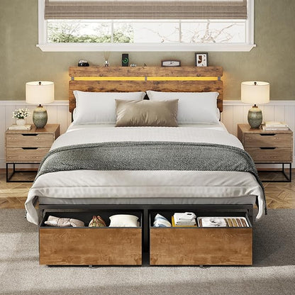 Forestell Full Size Bed Frame with Wood Headboard, Metal Platform Bed with 2 Storage Drawers & Shelf, Built in Charging Station & LED Lights, No Box Spring Needed, Vintage Brown, Camas Full