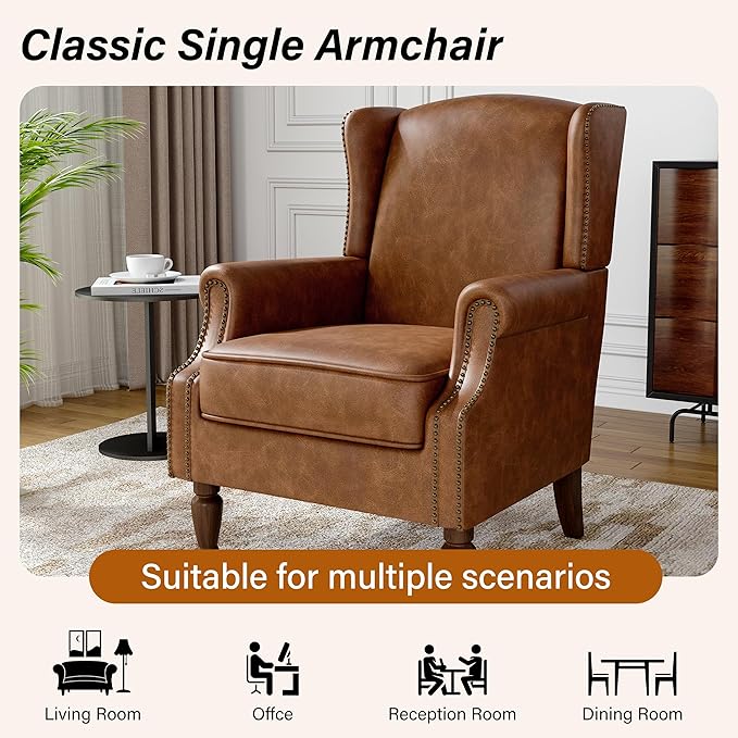 Faux Leather Wingback Accent Chairs Set of 2, High Back Upholstered Armchair, Comfy Fabric Wingback Arms Chairs with Solid Wood Legs, Single Sofa Reading Chair for Bedroom Living Room, Brown