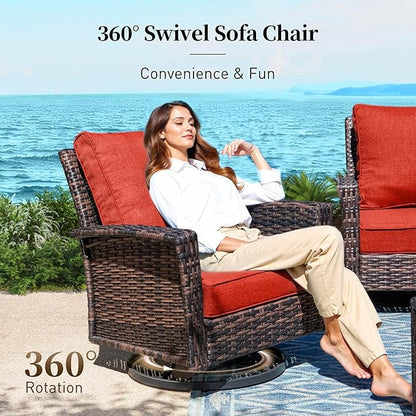 6 Piece Patio Furniture Set with Swivel Chairs, High Back Wicker Rattan Sofa with Extra Thick Cushion, Coffee Table and Ottoman, Outdoor Conversation Set for Backyard Deck,Red