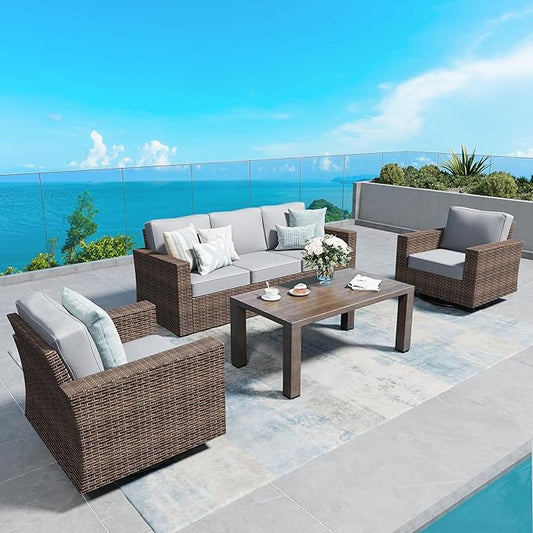 Swivel Glider 4 Piece Patio Furniture Set with Swivel Chairs, Patio Set with 4.92" Extra Wide Armrest, Wicker Patio Furniture with 26.3" Deep Seating and 5.5" Thick Cushions, Grey