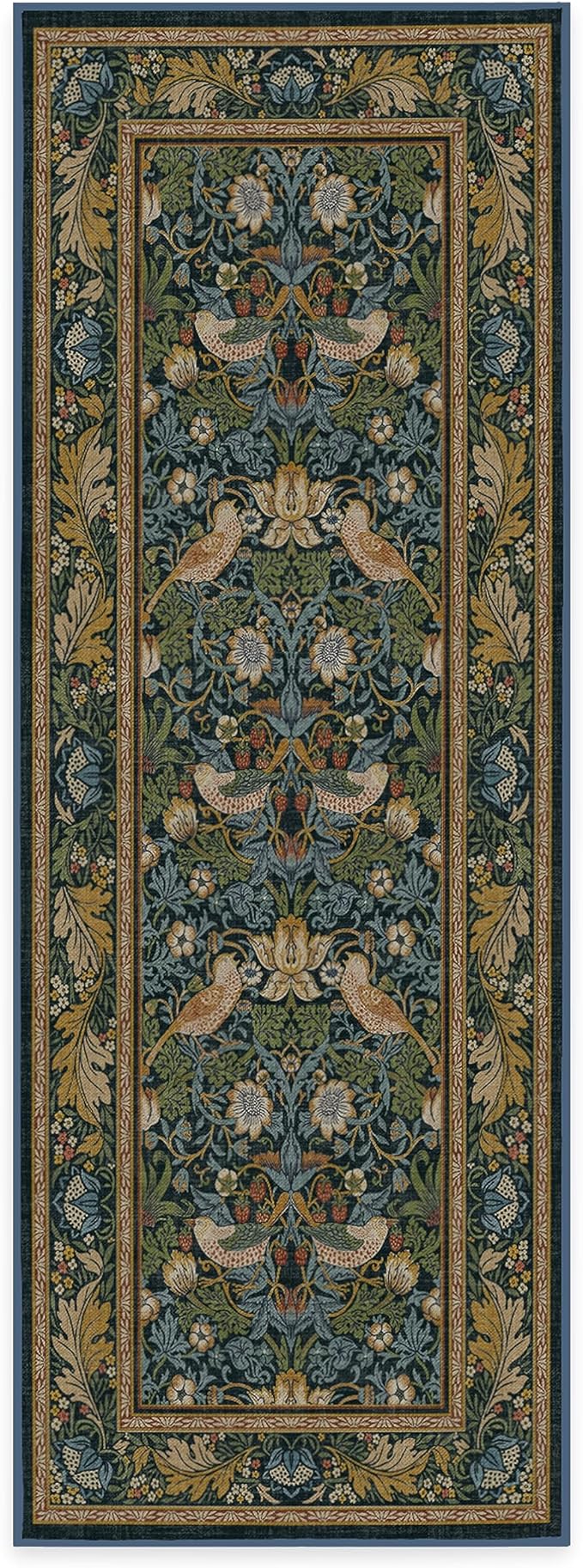 RUGGABLE x Morris & Co Machine Washable Runner Rug – Strawberry Thief Indigo 2.5x7, Stain-Resistant, Non-Slip – Washable Rug for Hallway, Entryway, Living Room & Kitchen–with Standard Pad