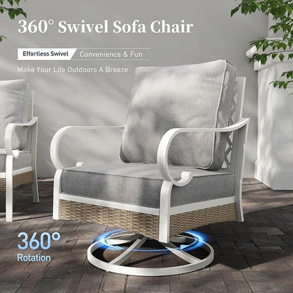 6 Piece Metal Outdoor Patio Furniture Set, Patio Conversation Set 1 3-Seater Couch, 2 Fixed Sofa, 2 Swivel Sofa with 5.75" Thick Cushion and Coffee Table White Backyard Furniture, Gray