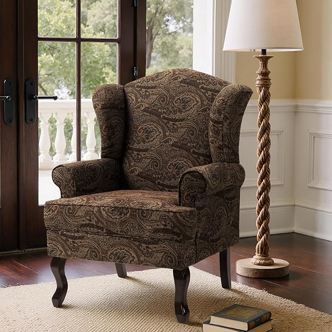 Pia Ricco Set of 2 High Back Accent Chairs: Upholstered Fabric Armchairs with Solid Wood Legs - Retro Living Room Pair, Comfy Reading Sofa Seats-Cranberry