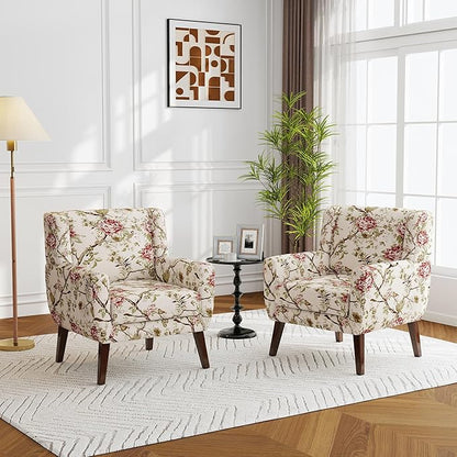 Accent Chairs Set of 2, Modern Fabric Armchairs for Living Room, Comfy Upholstered Arm Chairs Tufted for Indoor Bedroom Office Room (Pattern Floral)