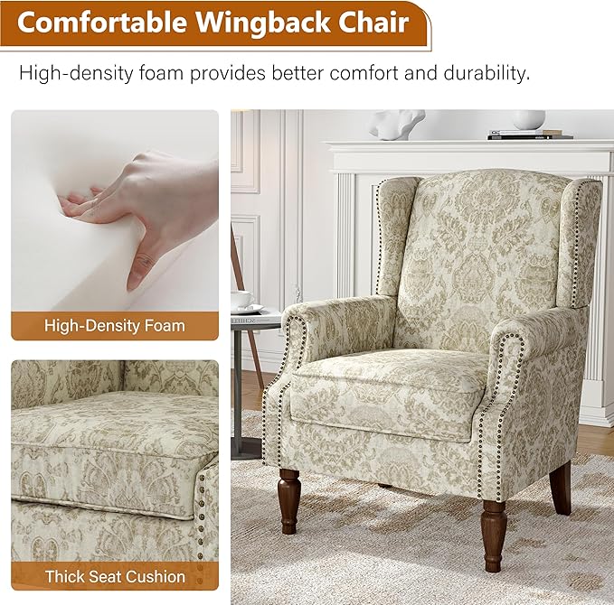 Wingback Accent Chairs Set of 2, High Back Upholstered Armchair, Printed Fabric Wingback Arms Chairs with Wood Legs, Single Sofa Reading Chair for Bedroom Living Room, White