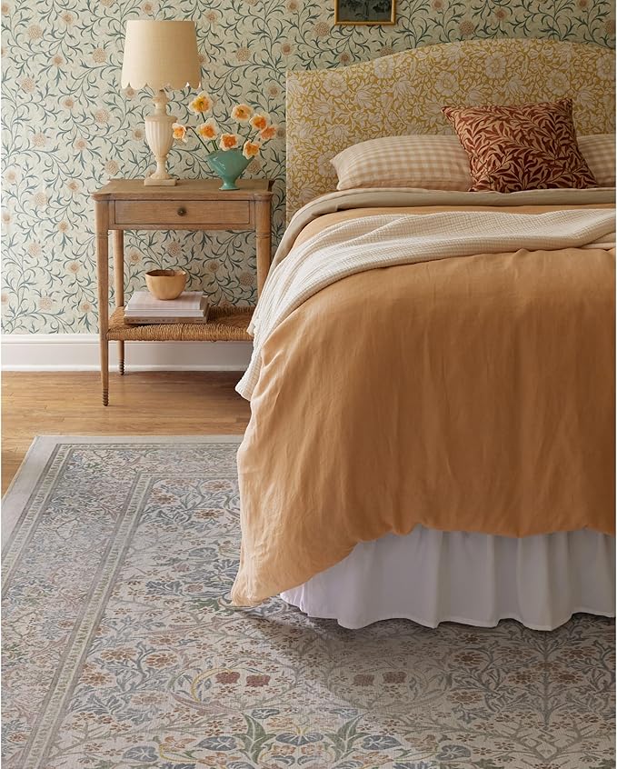 RUGGABLE x Morris & Co Washable Area Rug – Blackthorn Ivory Blue 9x12, Stain-Resistant, Non-Slip – Large Machine Washable Rugs for Living Room, Bedroom, Hallway, Entryway & Office–with Cushioned Pad