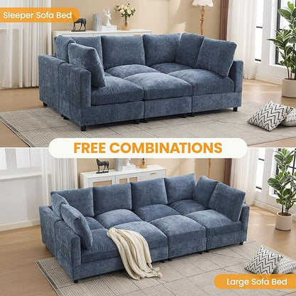 Modular Sectional Cloud Sofa Bed, 8-Seater Convertible Sofa Couch with Ottoman, Modern Deep Seat Sleeper Sofa for Living Room, Chenille Blue