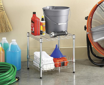 Whitmor 2 Tier Metal Storage Shelves, Heavy Duty Shelf with Basket, 350 lbs Capacity per Shelf, 700 lbs Total, Home Organizer for Kitchen, Bathroom, Bedroom, 15" L x 14" W x 15" H, Chrome