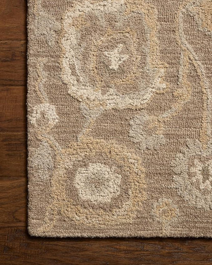 Loloi Chris Loves Julia Dorothea Collection DRT-01 Bark/Stone 2'-6" x 7'-6" Runner Rug Wool Neutral Floral Living Room Bedroom Carpet