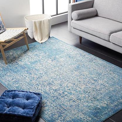 SAFAVIEH Evoke Collection Area Rug - 6'7" Square, Blue & Ivory, Distressed Design, Non-Shedding & Easy to Clean, Ideal for Living Room, Bedroom, Dining Space (EVK256C)