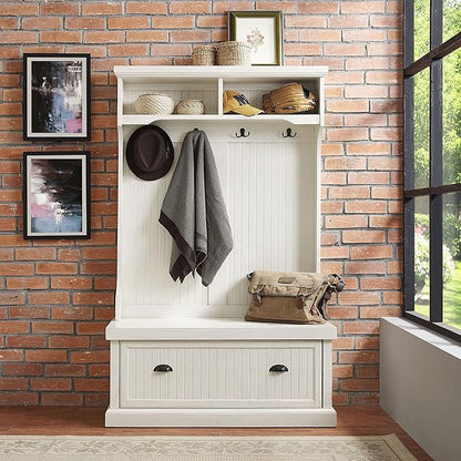 Crosley Furniture Seaside Hall Tree with Shoe Rack Bench and Coat Hooks for Hanging Storage, Distressed White